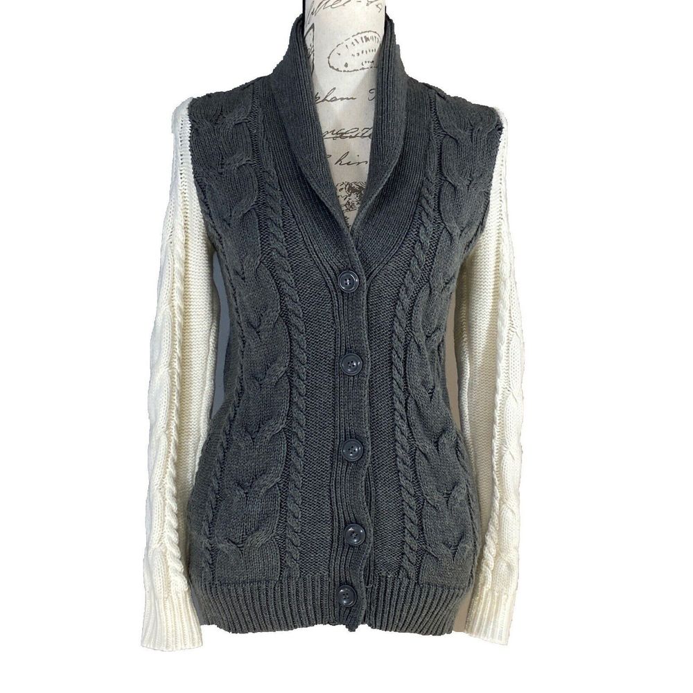 Womens Cardigan SMALL‎ Sweater Gray Cream Sl Cable Knit Button Forever 21